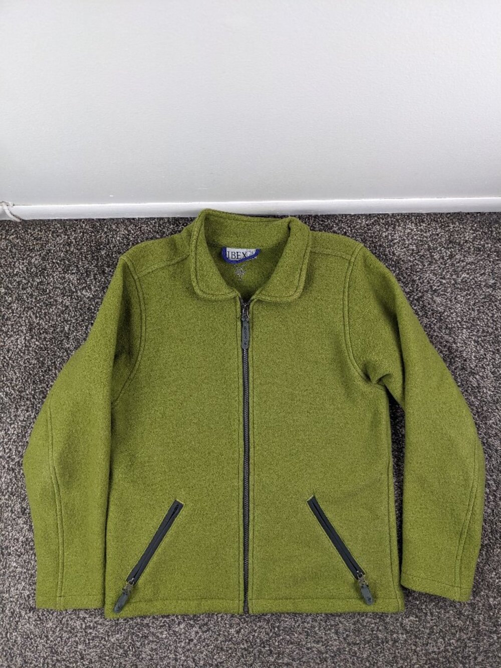 Ibex Jacket Boiled Wool Full Zip Collared Zip Pockets Green Womens Medium *Flaw